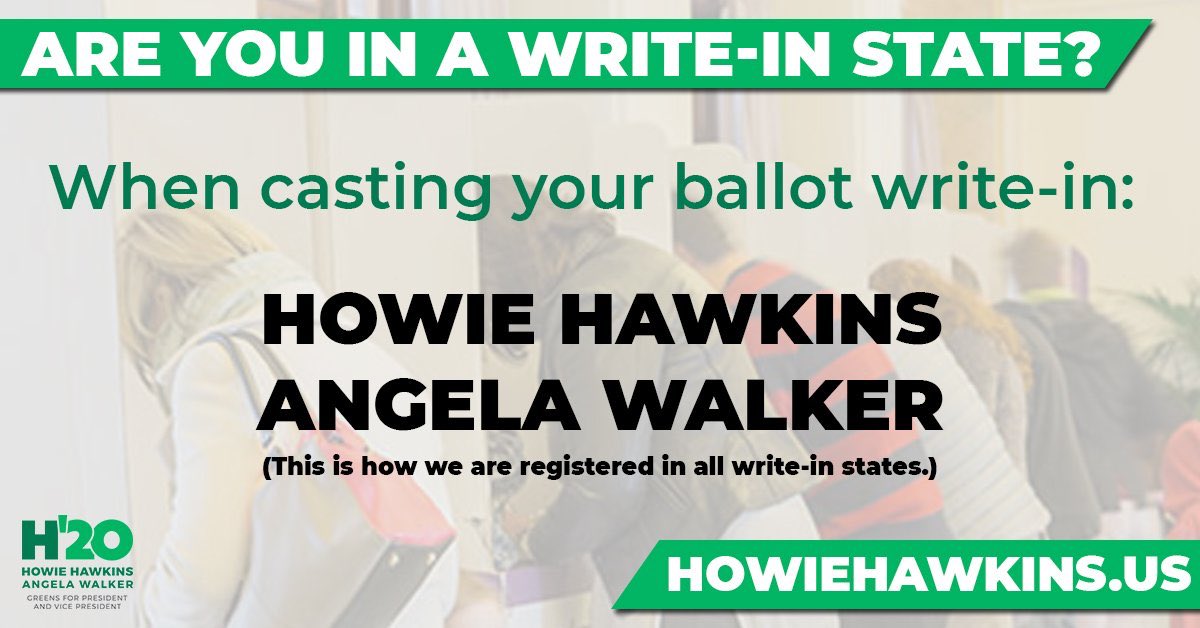 RespiratorsWork's tweet photo. @ProudSocialist @HowieHawkins @AngelaNWalker There ya go, Ryan! Good for you and for all of us. ❤️ your brave voice. I’ll also be writing in the #GreenParty off of the #HiddenMenu in Indiana. Even the states where they were kicked off the ballot, people can still write them in and get that vote counted. https://t.co/SZG9OTXUOh