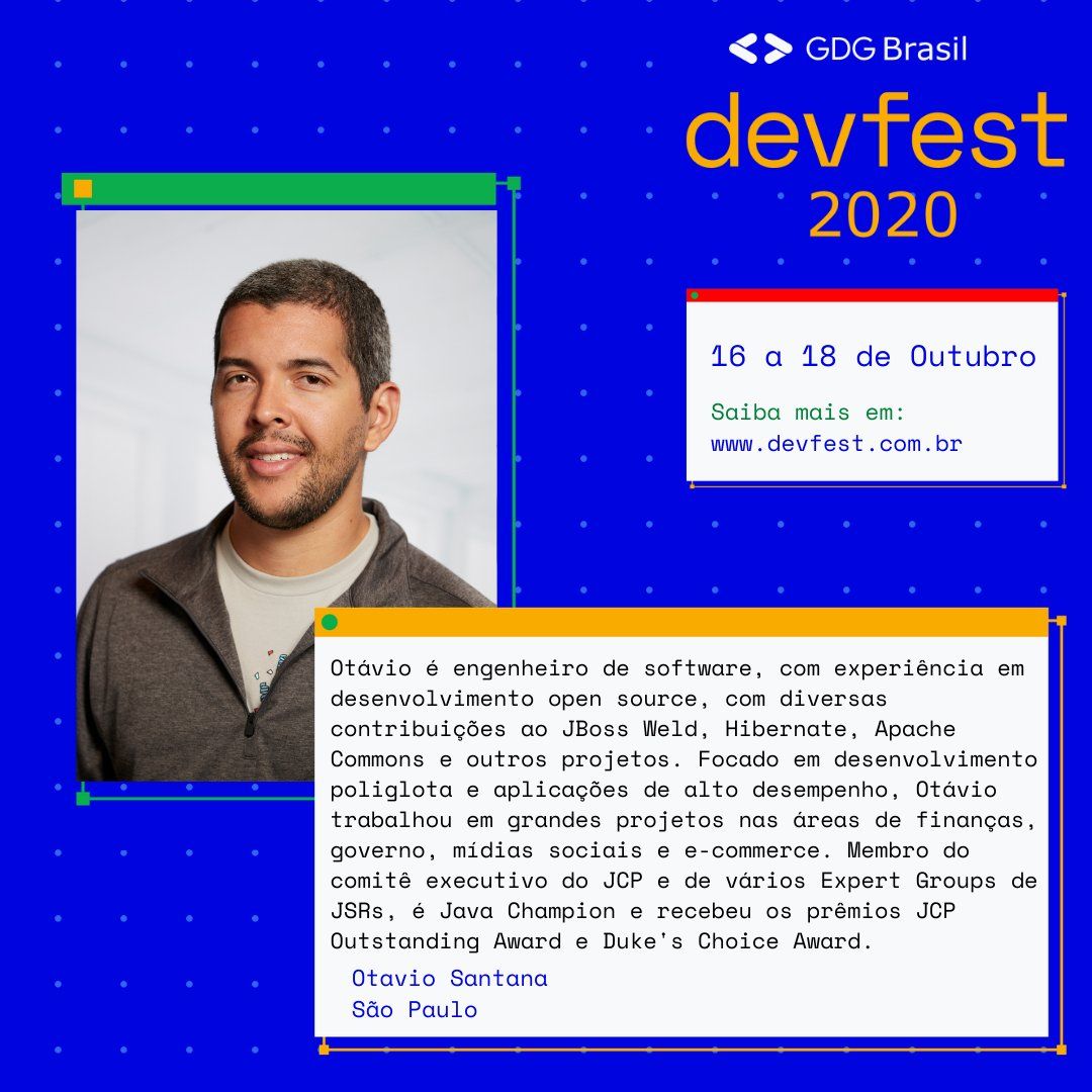 otaviojava's tweet image. Entre os dias 16 e 18 de outubro terei o imenso prazer de participar do #DevFestBrasil
Além de ter vários palestrantes com conteúdos sensacionais como @mrquinta @gomex @loiane @_StaticVoid
#DevFestBrasil #DevFestLatam #DevFest
devfest.com.br