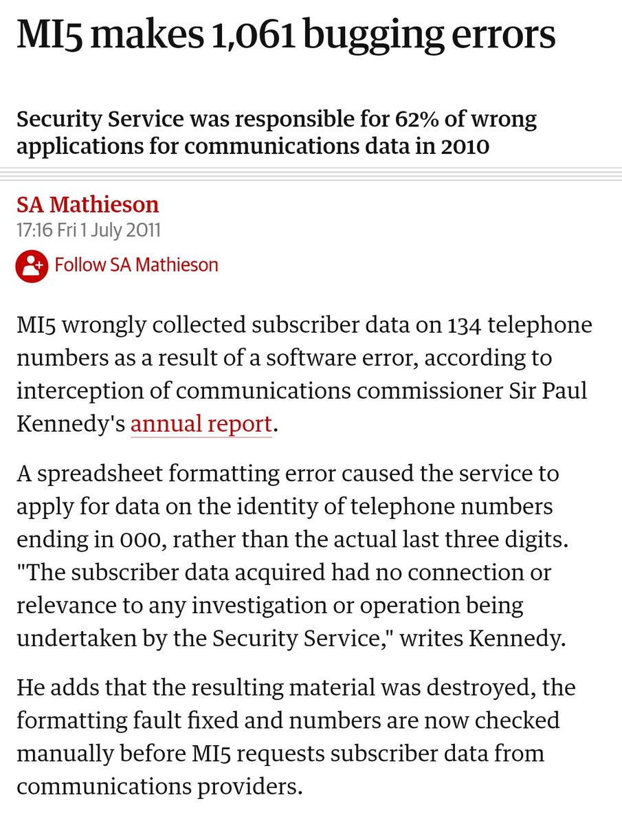MI5 bugged 134 telephone numbers that were irrelevant to any investigation because a spreadsheet wrongly formatted the last 3 numbers https://www.theguardian.com/government-computing-network/2011/jul/01/mi5-data-collection-errors?CMP=Share_AndroidApp_Other