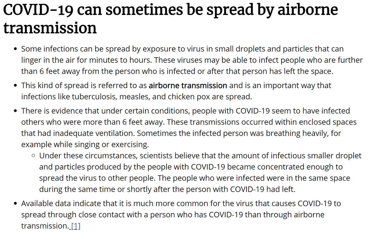 4. The big one! Direct acknowledgement that >6' "airborne" spread is possible. But wording is clear in stating that this mode is possible but rare & mostly in enclosed spaces (indoors, in vehicles) w/ poor ventilation. Great!