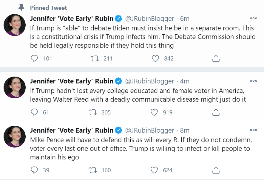 Imagine melting down this hard over the news that the President is feeling well enough to continue his recovery at home. Yikes.