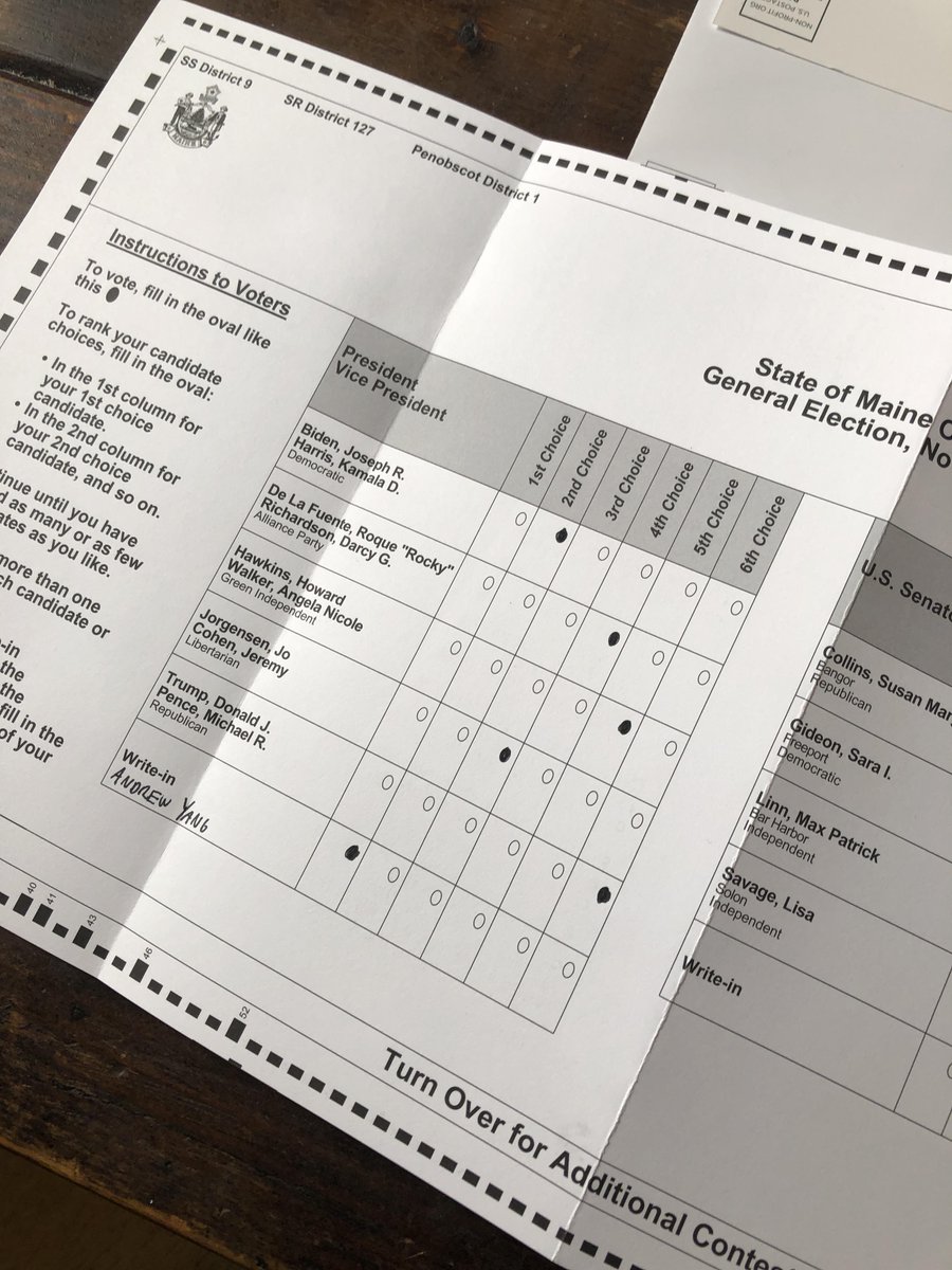 scottsantens's tweet photo. From the #YangGang subreddit, a reminder that ranked-choice voting also means you can vote for your favorite of all candidates, even if not on the ballot, without helping the candidate you dislike most. So in Maine, voters can write-in @AndrewYang and still also vote for Biden. https://t.co/bDqHlBc4fm
