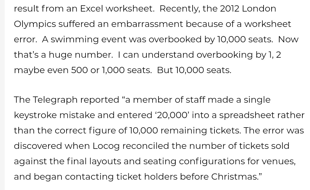 At the London Olympics, 10'000 nonexistent seats were sold for a swimming event due to a mistake in a spreadsheet https://thatauditguy.com/excel-error-of-epic-olympic-magnitude/