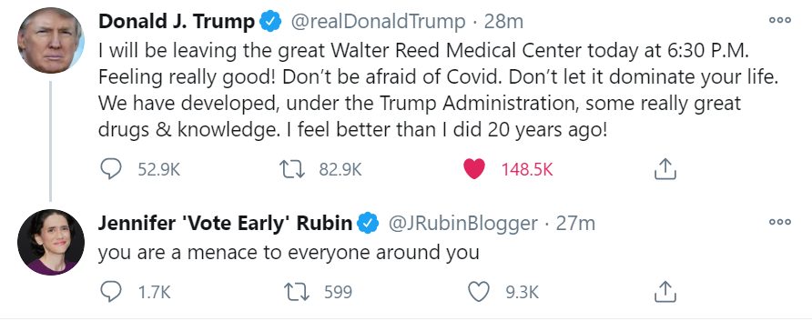 She's still going, including begging Joe Biden to tell everyone to live in fear and screaming at the President himself for saying he is feeling well enough to go home. Unhinged.