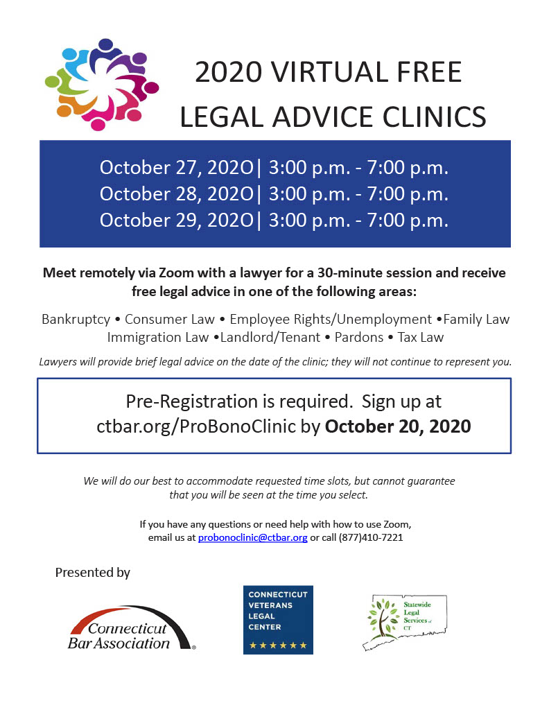 SLS_CT's tweet image. SLS is proud to be a co-presenter of the Connecticut Bar Association’s 2020 Pro Bono Legal Clinics, taking place during the 2020 National Celebration of Pro Bono Week. 
Pre-Registration is required. Sign up at
ctbar.org/ProBonoClinic by 10/20/20. See flyer for more information.