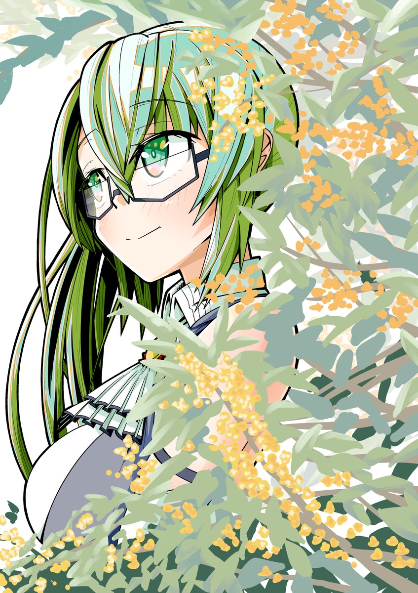 1girl solo green hair glasses long hair smile black-framed eyewear  illustration images