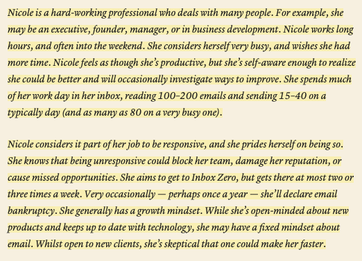 8/This is where things get interesting. First, they honed in on the users who would be "very disappointed" without Superhuman.With those users, they crafted a persona for the type of person they described in question #2.This is the ideal  @Superhuman user they would target