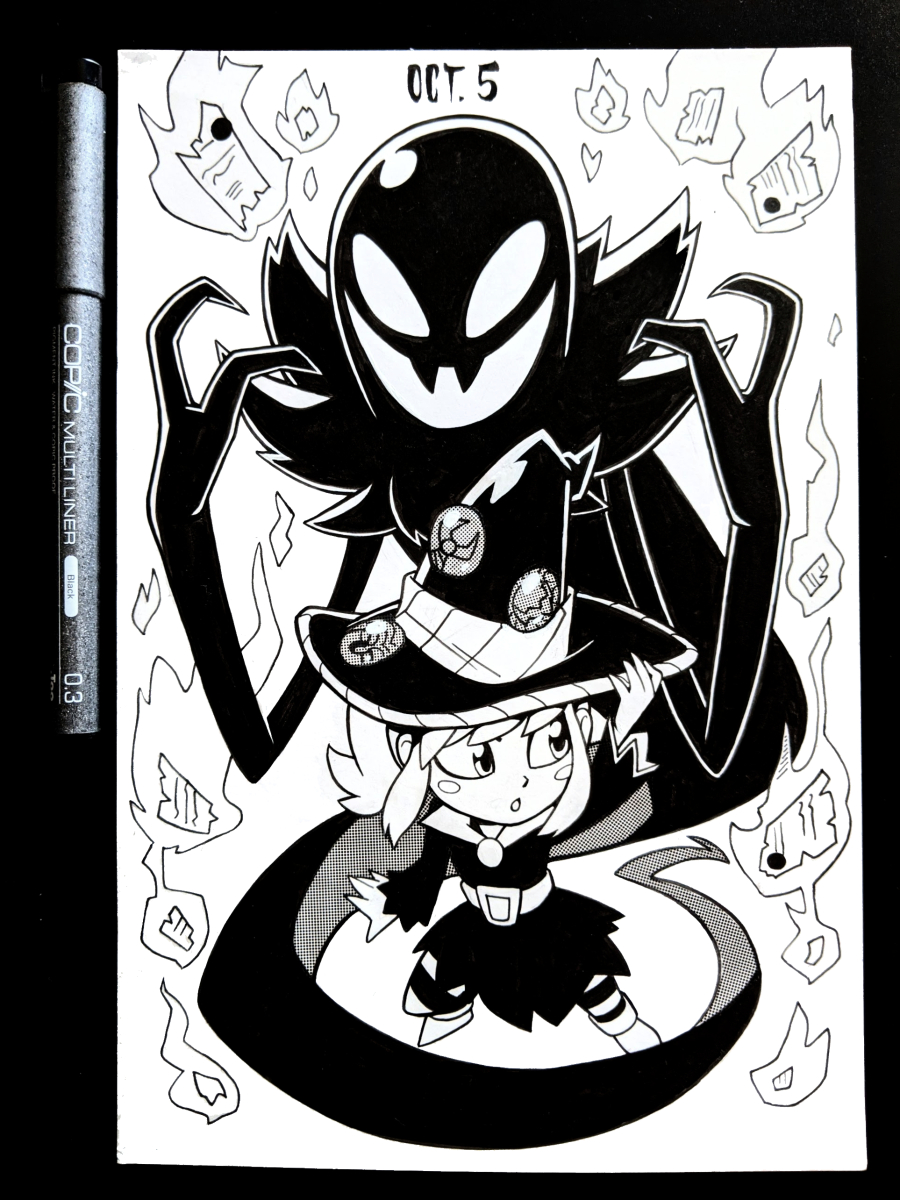 October 5th! The Snatcher and Hat Kid! I'm late to playing it, but A Hat in Time was fantastic. 🎩⏳ #Drawlloween #drawtober 