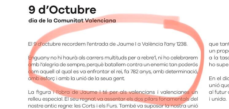 Escrito de la Generalitat Valenciana por el 9 de octubre, donde compara el coronavirus con los moros