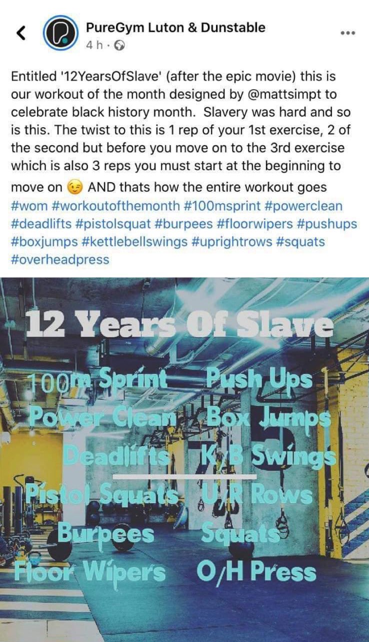 Femi on X Jesus Pure Gym Luton Dunstable saw all these businesses showing solidarity with the black community and thought Why not name a workout 12 years of slave