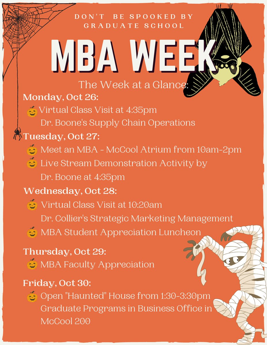 MSStateMBA's tweet image. Don’t be spooked by graduate school!
 
Come visit us at MBA Week! This is a week of activities for prospective and current students.  

All the virtual activities will be streamed live on our Facebook page!

Check out our Facebook page for more details! #msstatemba