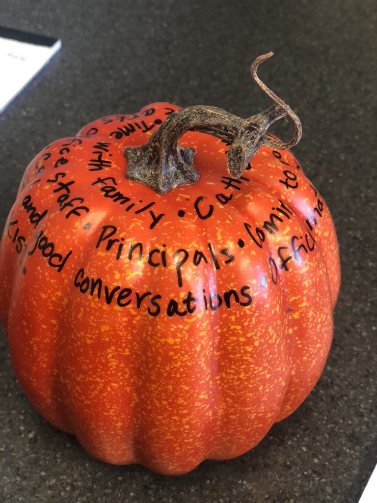 ambigbee's tweet photo. I have a cheap plastic pumpkin in my office and anytime someone stops by I ask them what they’re grateful for and write it on my “gratitude pumpkin”. Today we had a shout out to @KellerISD principals. 💛 #AlwaysSomethingToBeThankfulFor https://t.co/XEC6HH30OE