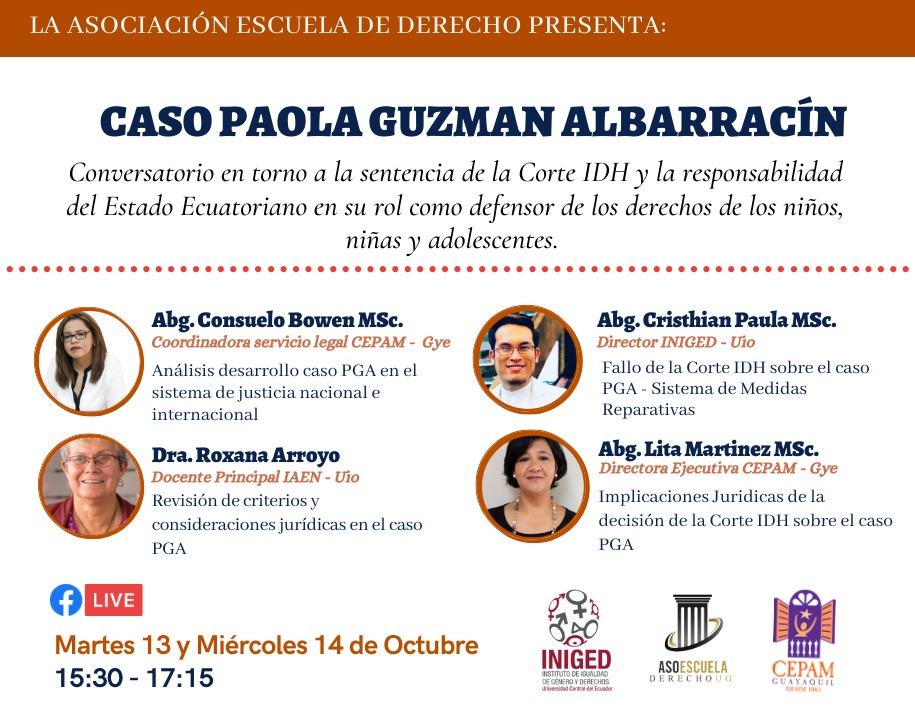 Escuelaug's tweet photo. La Asociación Escuela de Derecho de la @UGJURIS, te invita a ser parte del conversatorio en torno al Caso Paola Guzmán Albarracín y relacionados, un espacio de crecimiento profesional y académico.  
Este 13 y 14 de Octubre de 15:30 a 17:15, interactúa  https://t.co/cst78jcWJX https://t.co/MMOtMVcJfN
