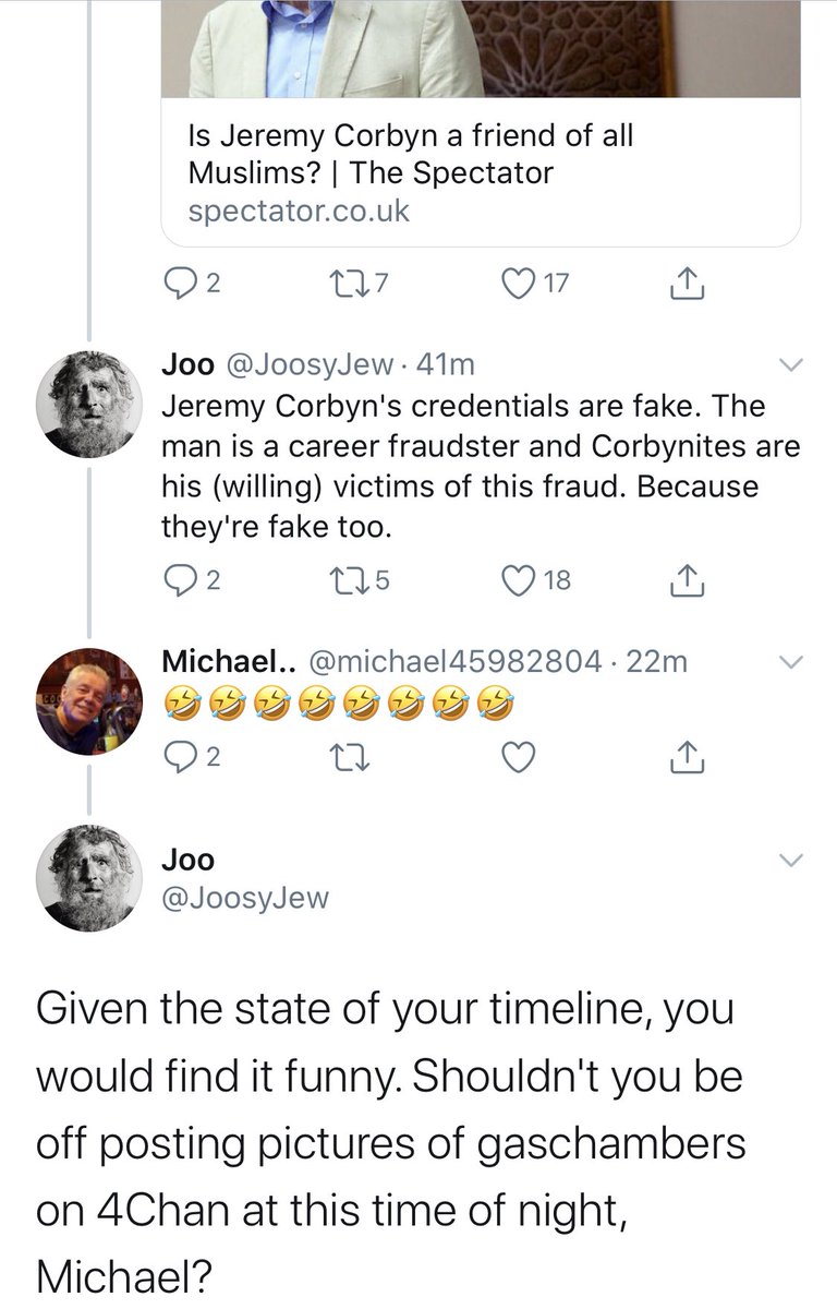 Oh Michael. First you try and score political points by using our dead families as currency (see  @GnasherJew's earlier post). Then you laugh at the fact your man Corbyn has said and done nothing about the  #UyghurGenocide. When you're challenged? You block. Chicken shit racist. 