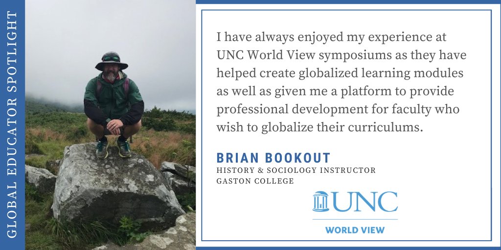 UNCWorldView's tweet photo. UNC World View’s Oct Global Educator Spotlight is on Brian Bookout, History &amp; Sociology Instructor @Gaston_College in Dallas, NC. Read about Brian’s global ed commitment to his college, his peers &amp; his students. https://t.co/fTMP3pChqX  #WorldView2020 #globaled  @NCCommColleges https://t.co/eBSf9OvEZM
