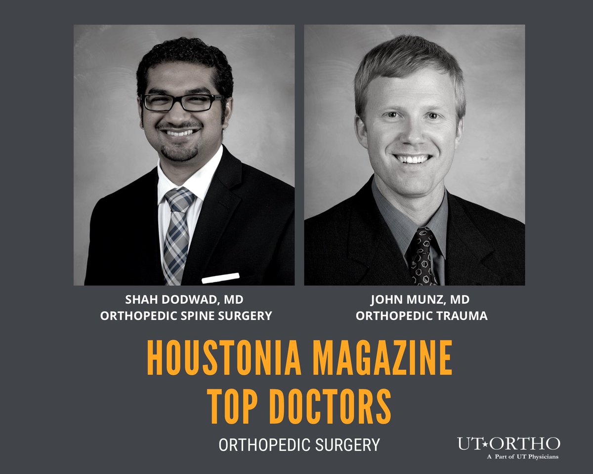 ortho_ut's tweet image. We’re very proud to announce the recognition of 2 of our very own highly talented &amp;amp; skilled surgeons who made 2020’s #Houstonia Top Doctors list of the best physicians in town for orthopedic surgery. Congratulations Dr. Dodwad &amp;amp; Dr. Munz! #utortho #topdoctors #orthopedicsurgery
