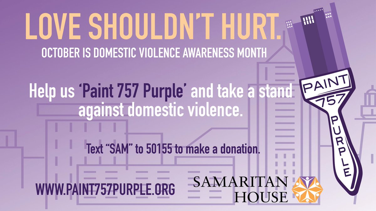 samhouseva's tweet photo. @WHRO October is Domestic Violence Awareness Month and Samaritan House invites you to once again help 'Paint 757 Purple.' To make a donation, text "SAM" to 50155, for more information visit: https://t.co/fhrgXW1PTB, for a list of businesses, visit https://t.co/WjhqbqICZG https://t.co/iXUmTFkM4S
