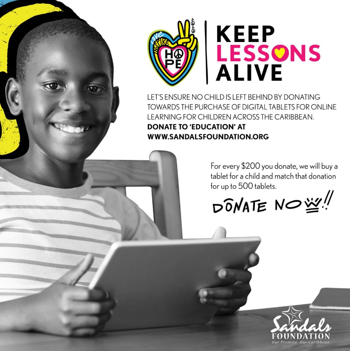 Within 8 hours of launching this campaign w/ <a href="/sandalsfdn/">Sandals Foundation</a> corporate #Jamaica has pledged 75 tablets, we will match equaling 150 tablets. Let’s achieve our goal of 1000 tablets as a minimum.