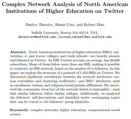 aqsaqal's tweet photo. Our conference paper "Complex Network Analysis of North American Institutions of Higher Education on Twitter" is now available on arXiv as a preprint  https://t.co/uoEoZyKN3f #twitter #highereducation #college #university #complexnetwork #complexnetworkanalysis #machinelearning https://t.co/0QtxOwLpE8