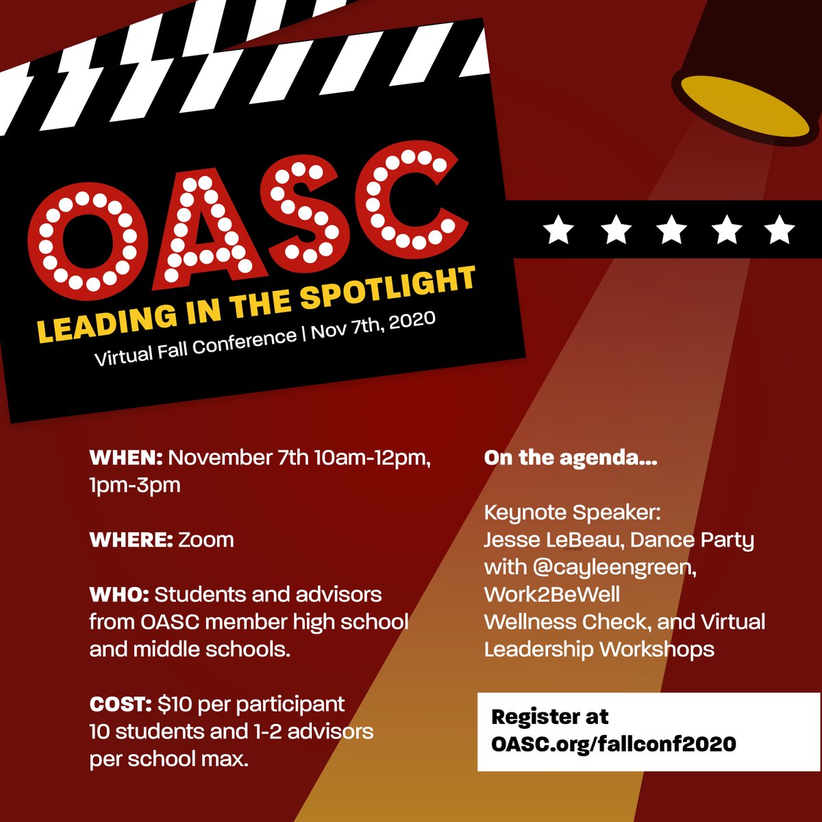 Join us for Virtual Fall Conference 2020! We're giving the spotlight to students and leaders who have shined bright this year, sharing our experiences and connecting -- from a distance. Registration is OPEN NOW at oasc.org/fallconf2020