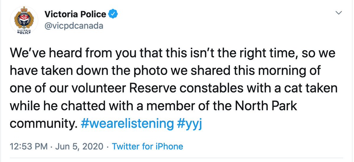 The day after NB police killed Chantel Moore, VicPD posted a photo of a reserve constable with thin blue line and skull patches on their uniform hugging a cat. After being called out, they said it wasn’t “the right time.” FOI’d emails show many hadn’t seen the problem. (thread)