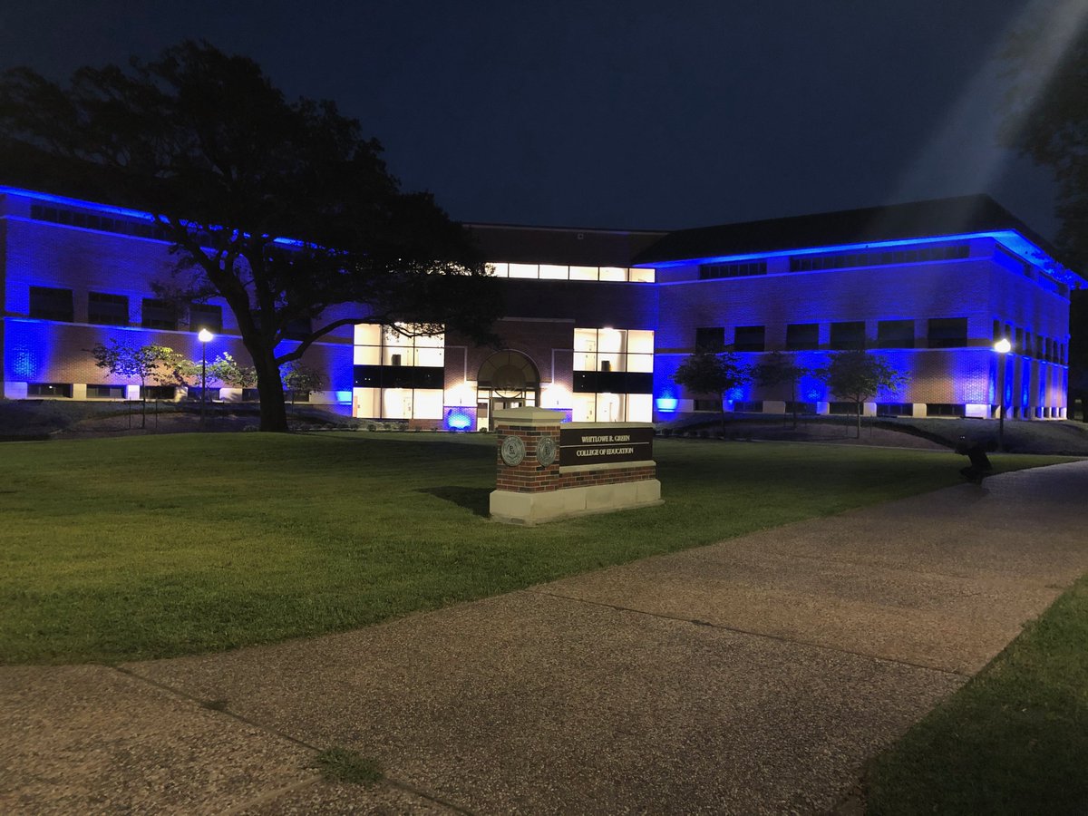 PVAMU's tweet photo. In honor of World Teachers Day, PVAMUs Wilhelmina F. Delco building is lit up blue tonight. 💙📚🍎 #TeachersCan #WeTeachTexas https://t.co/5sBbAAqxv9