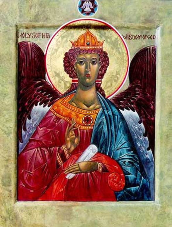 New Testament: Sophia is the Sun Woman in Revelation, (Ch. 12), who stands in glorious radiance crowned with stars. Under her feet is the moon, she is pregnant and pursued by the great dragon.