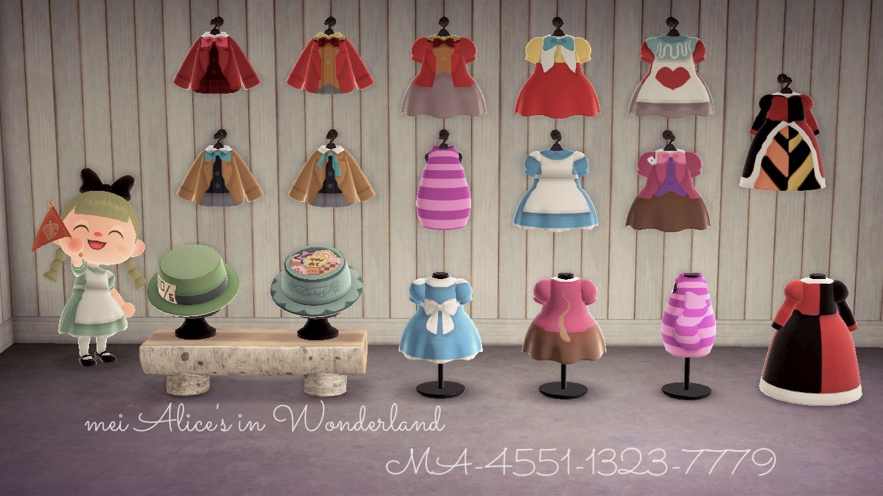 Mei アリスのマイデザ服追加しました ハロウィンにもいかがカ チェシャ猫 ハートの女王 眠りネズミ ついでに白うさぎの家のeat Meクッキー しっぽに見えるだろうか あつ森 Acnh Acnhdesign マイデザイン配布 T Co