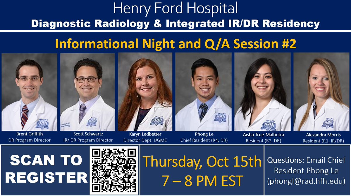 Please join us Thursday, October 15th at 7 PM EST for the <a href="/HFH_RadRes/">Henry Ford Radiology Residency</a> Diagnostic Radiology and Integrated IR/DR Residency Program Informational Night and Q/A session #2. Our plans for virtual interviews will also be addressed.  <a href="/futureradres/">Future Radiology Residents</a> 
Register: us02web.zoom.us/meeting/regist…