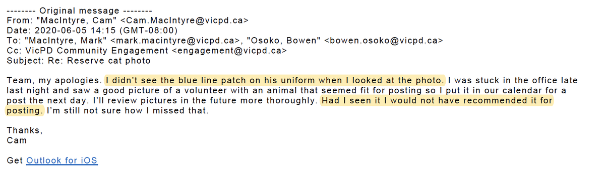 Their comms staff said they wouldn’t have posted it if they’d seen the thin blue line patch, but that patch was common, as was the belief in a ‘thin blue line.’ These emails showing officers were out of touch with how their beliefs and symbols are perceived isn’t that surprising.