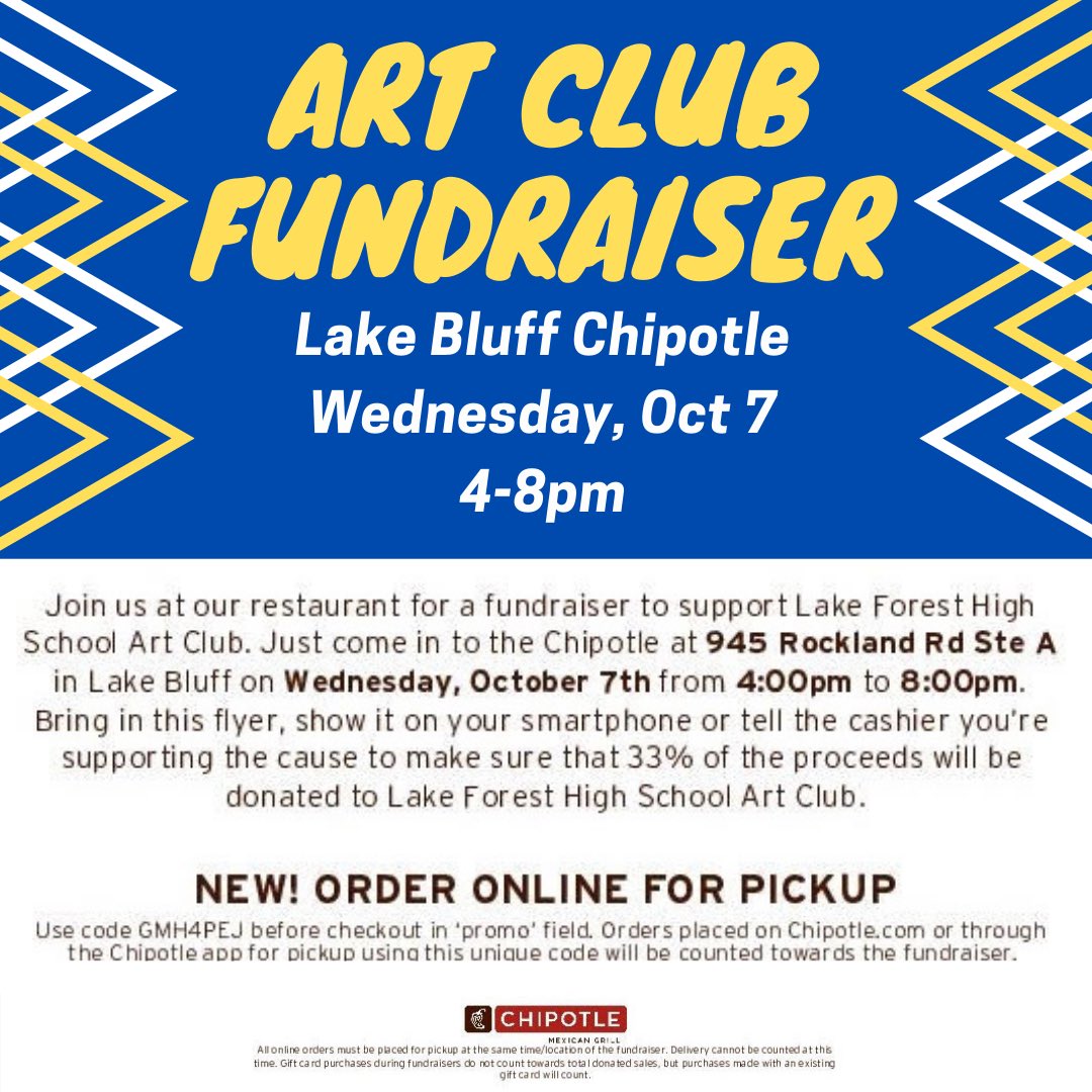 Hey everyone! Please spread the word and go to the Lake Bluff Chipotle for dinner on Wednesday, Oct. 7 from 4-8pm to support Art Club! Thanks! #lakeforestillinois #lakebluffillinois