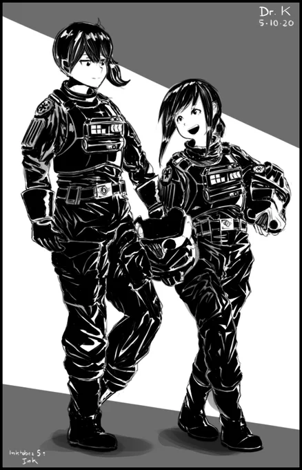 Kaga &amp; Fubuki as Imperial Navy pilots. An idea from a squadmate, for today's drawing challenge! Really loved that black and white technique!~#drawtober #Inktober #drawingchallenge #艦隊これくしょん  #艦これ  #加賀#KanColle #Squadrons #StarWarsSquadron 