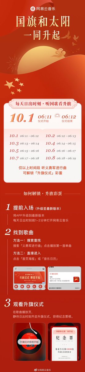 国庆假期的第六天，已经有不少小伙伴解锁了网易云音乐的 #升旗仪式 彩蛋了，10月7日和8日，国旗继续与太阳一同升起。快升级你的网易云音乐至最新版本一起Get看升旗新方式吧！