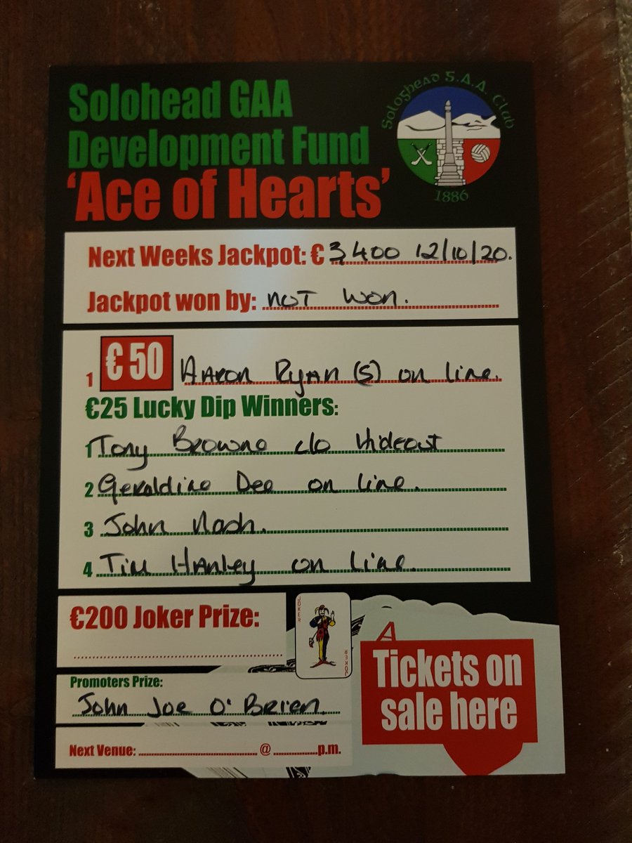 Results from tonights draw no winner jackpot next week 3300. Thanks to everyone for their support. <a href="/DonnellStevie/">stevie O donnell</a>  <a href="/Westtippgaa/">West Tipperary GAA</a> <a href="/tippmidwest/">Tipp Mid West Radio</a>