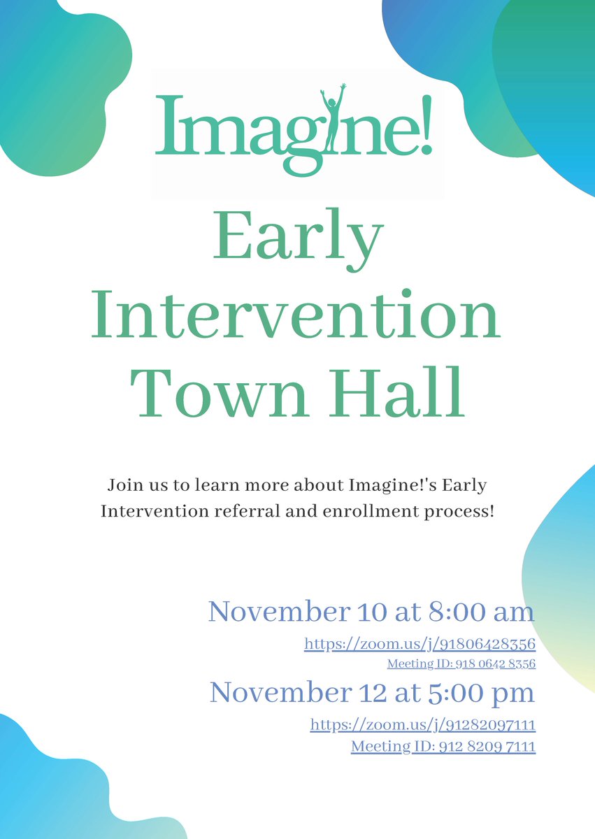 Imagine! is hosting TWO Early Intervention Town Halls in November. Join us to learn more about Imagine!'s Early intervention referral and enrollment process!