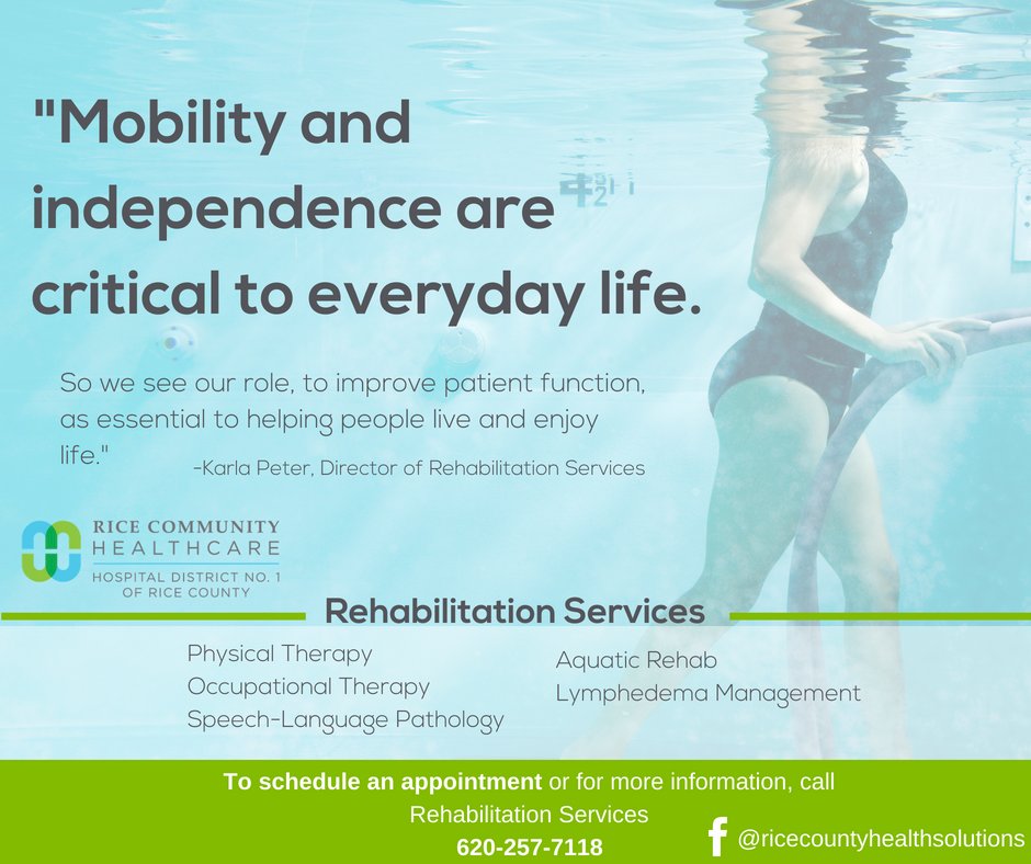 The Rehabilitation Department at Rice County District Hospital provides the following services:
• Physical Therapy
• Occupational Therapy
• Speech-Language Pathology
•Aquatics Rehab
• Lymphedema Management

#physicaltherapy #aquatictherapy #hometown #health
