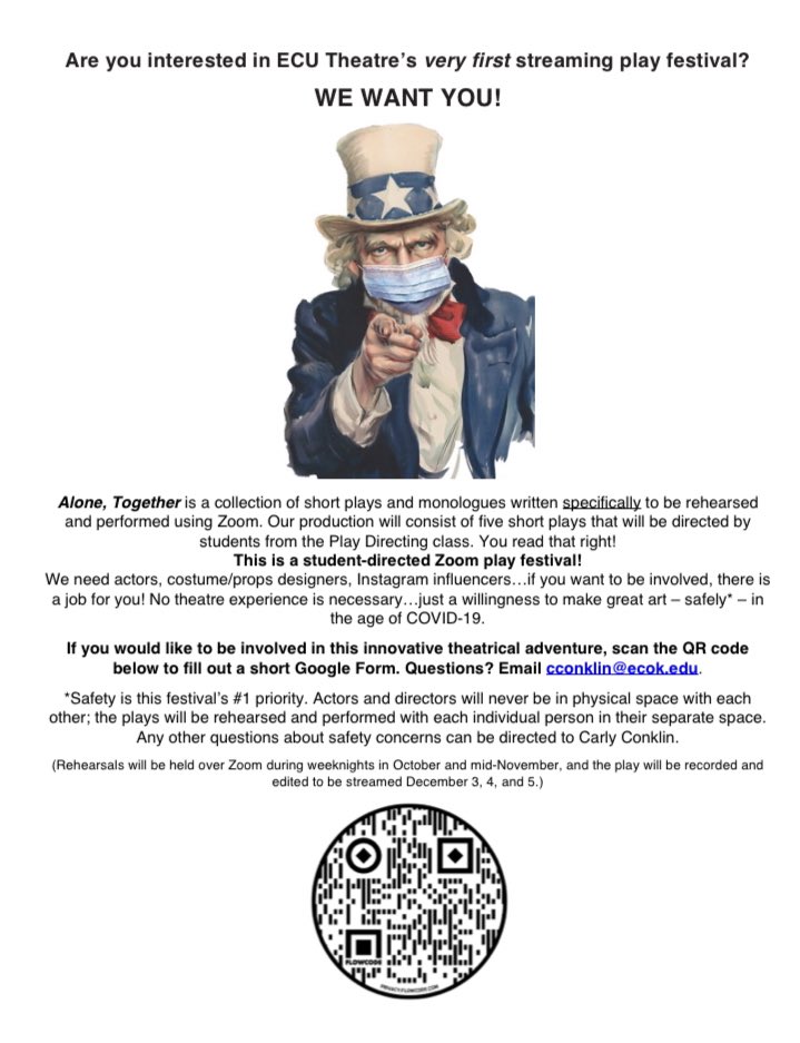 ECU STUDENTS! Read this flyer for information about our production this semester and how you can get involved! Scan the QR code (or DM me for a link), we need at least 5 more actors. No experience necessary!