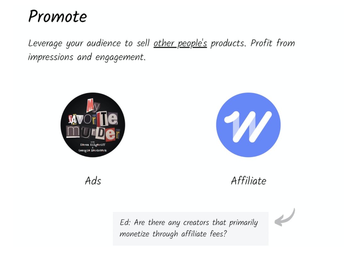 6 We see it across mediums and platforms.- Podcasting- Newsletters- YouTube- Twitch Interestingly, little infrastructure helps creators monetize through *affiliates*. There's an opportunity here because this model has clear advantages (passive, evergreen).
