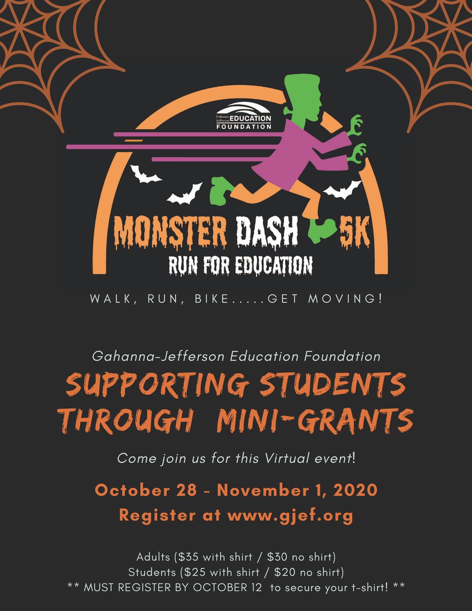 ** WHAT IS A MINI-GRANT? ** GJEF Mini Grants provide up to $300 support to create experiences that enrich learning.  Focus areas include:  wellness, students with special needs, at-risk students, and curriculum enhancement.
REGISTER NOW for the Monster Dash!
#GJEFMonsterDash