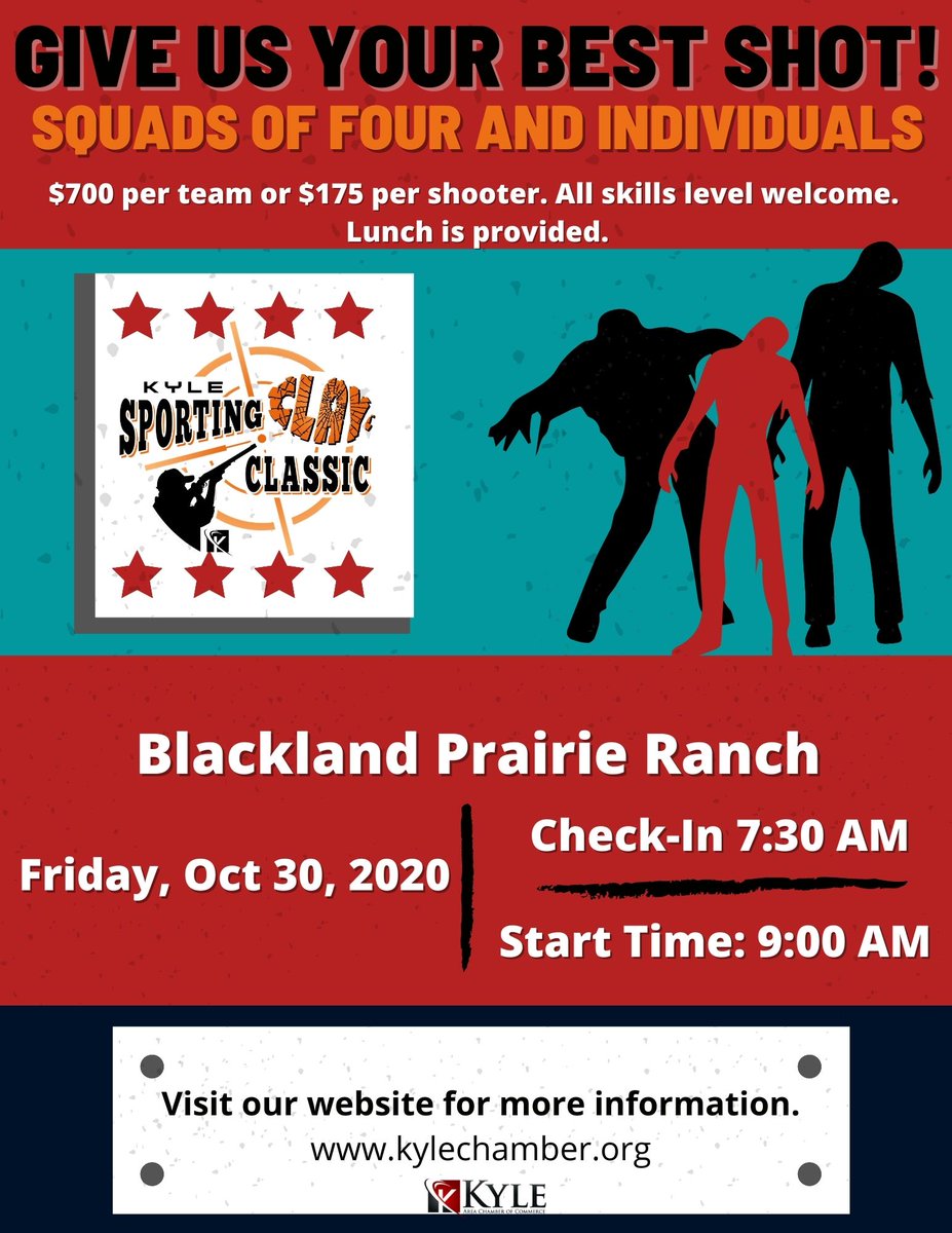 KyleTexas's tweet photo. The Zombie Apocalypse is happening and #KACC is hosting the Sporting Clay Classic on Friday, October 30, 2020 to help get some practice time in! 🧟‍♂️ Sign up today ➡https://t.co/kVOBUJgzdN

And we'll see you there! https://t.co/Apn1YYk3k8