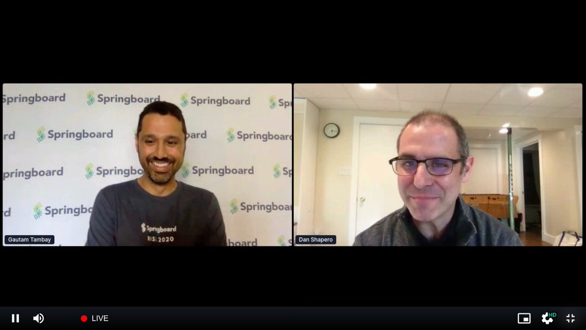 Springboard's tweet image. Springboard co-founder @gautambay and @LinkedIn Chief Business Officer @danshapero chatting at #Rise2020 about the post-#covid19 job market. Dan: &quot;As the market stabilizes, my advice to job seekers is to engage with companies with strong digital strategies.&quot;
