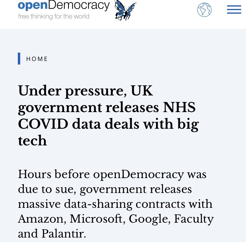 5/. At the same time as 'winning' the NHS contract,  #Palantir 'won' the contract to building the HHS "Protect Now"  #COVID digital platform for the US Dept of HealthWe only know about the detail of these contracts thanks to a lawsuit in the US & the threat of a lawsuit in the UK