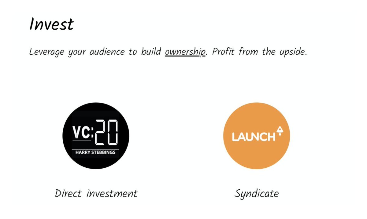 10What creators monetize through ownership? VCs, solocapitalists, angel investors. Examples: -  @Jason -  @HarryStebbings -  @nbt -  @ljin18 All have built incredible, engaged audiences that can be "monetized" thru ownership. This is VC, viewed through a creator lens.