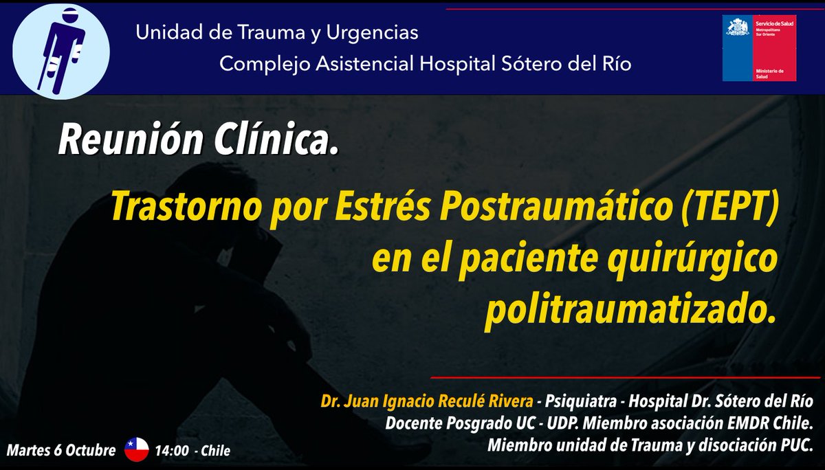 Mañana 6 de Oct en nuestras reuniones académicas de urgencia y trauma. El Dr. Reculé, nos hablará sobre TEPT en el politraumatizado. Hora 14:00-Chile lugar: FBlive traumayurgenciasotero <a href="/Me4Trauma/">SoMe4Trauma</a> @SOCICH_ <a href="/EVTMSociety/">EndoVascular resuscitation and Trauma Management</a> @Cirbosque <a href="/pferrada1/">Paula Ferrada MD FACS FCCM MAMSE</a> <a href="/ottolinopablo/">Pablo Ottolino</a> <a href="/gaboescvi/">Gabriel Escalona Vivas</a> <a href="/NakulRaykar/">Nakul Raykar</a>
