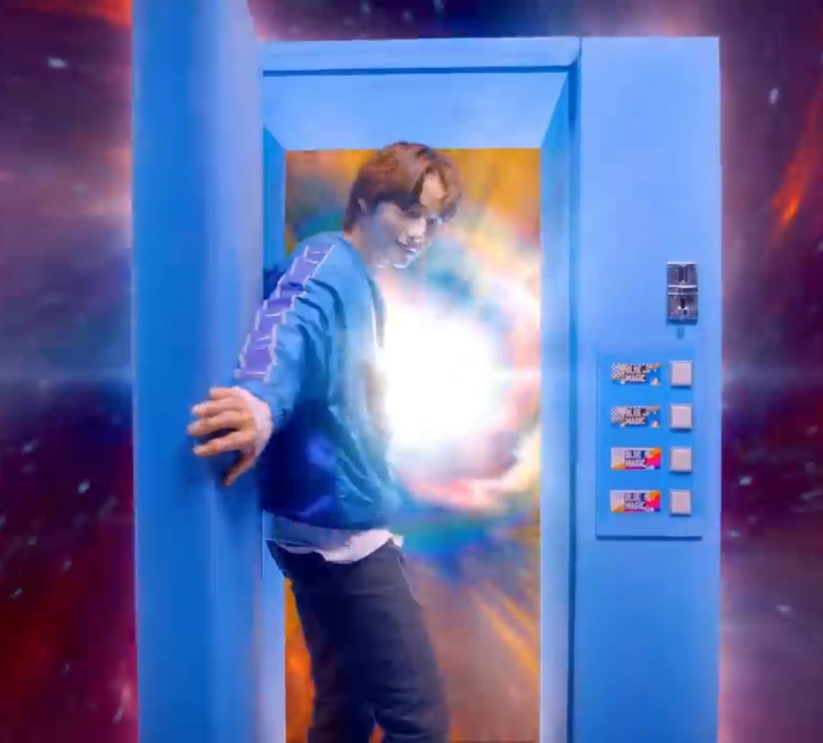 he has a constant association with doors; in cysm and the vr photos he’s sat in front of the same door. in run away (japanese) he’s the last member to walk through a door.. in the iconic “domanggalkka”, he walks backwarss - to a door. (pics shown below)