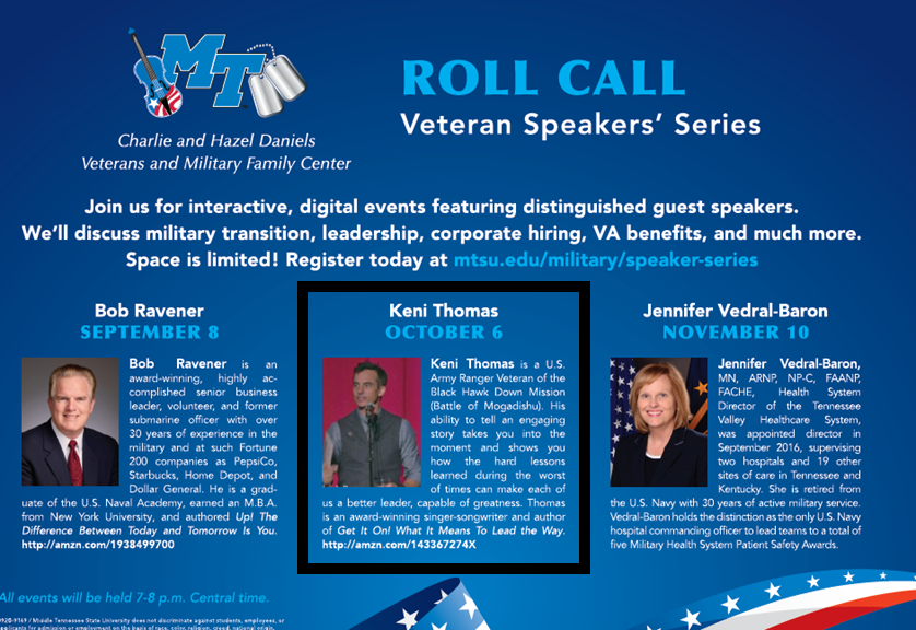 MTVetCenter's tweet photo. Please join U.S. Army Ranger Keni Thomas for his firsthand account as we remember The Battle of Mogadishu, October 3-4, 1993, also called the Black Hawk Down incident. 
Register for FREE at https://t.co/4y6RrN8xX2

#Veteran #mtsu #bobravener #kenithomas  #JenniferVedral-Baron https://t.co/YpuftA7YN6