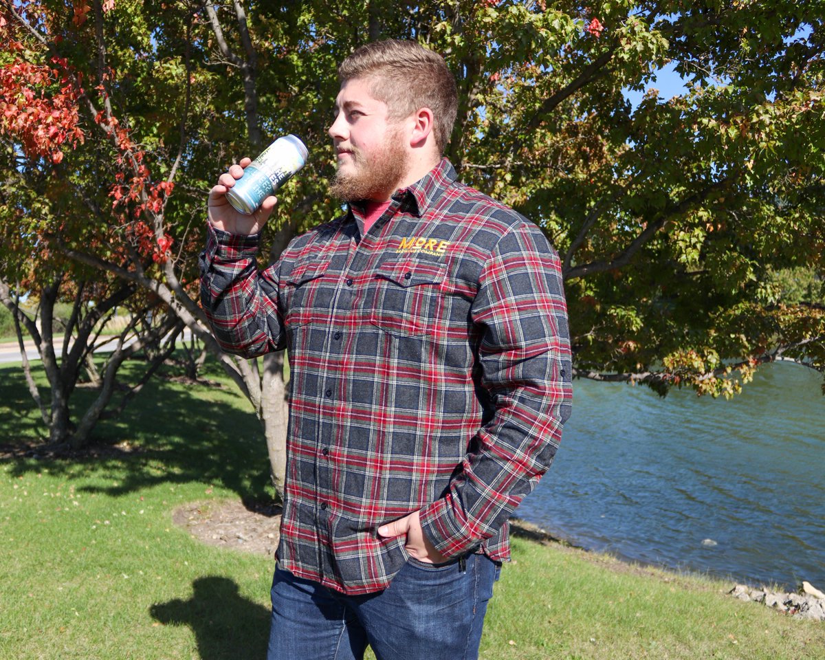 MoreBrewing's tweet photo. Our fall fashion line is rolling out, which includes this warm flannel button up. Modeled by our brewer @DavidZiebell, step out in style, enjoy your favorite beers while looking runway ready. Available now at both locations, online soon. https://t.co/3WqLYFq1QV