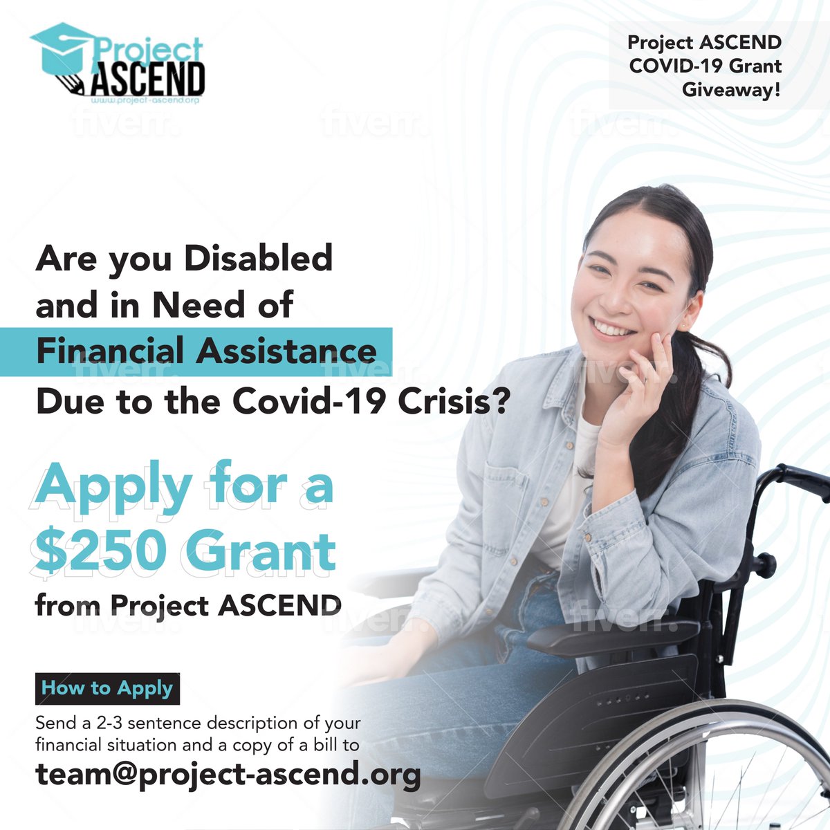 ProjectASCEND's tweet image. Project ASCEND COVID-19 Grant Giveaway!

Are you disabled and in need of financial assistance due to the COVID-19 crisis? Apply for a $250 grant from Project ASCEND by sending a 2-3 sentence description of your financial situation and a copy of a bill to team@project-ascend.org