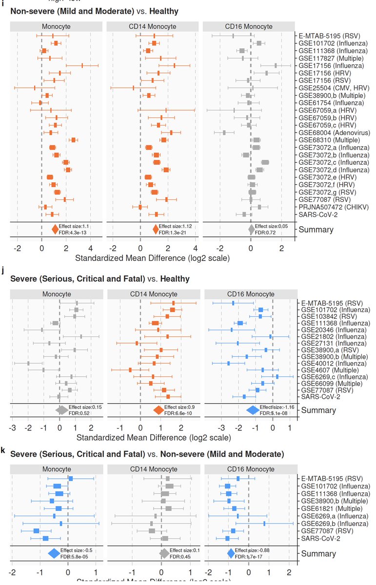 8/ In silico cellular deconvolution using immunoStates ( https://www.nature.com/articles/s41467-018-07242-6) of 4200 samples also finds lower CD16 proportions with increased severity of viral infection. Results are consistent at single-cell and bulk level across all viruses we analyzed.