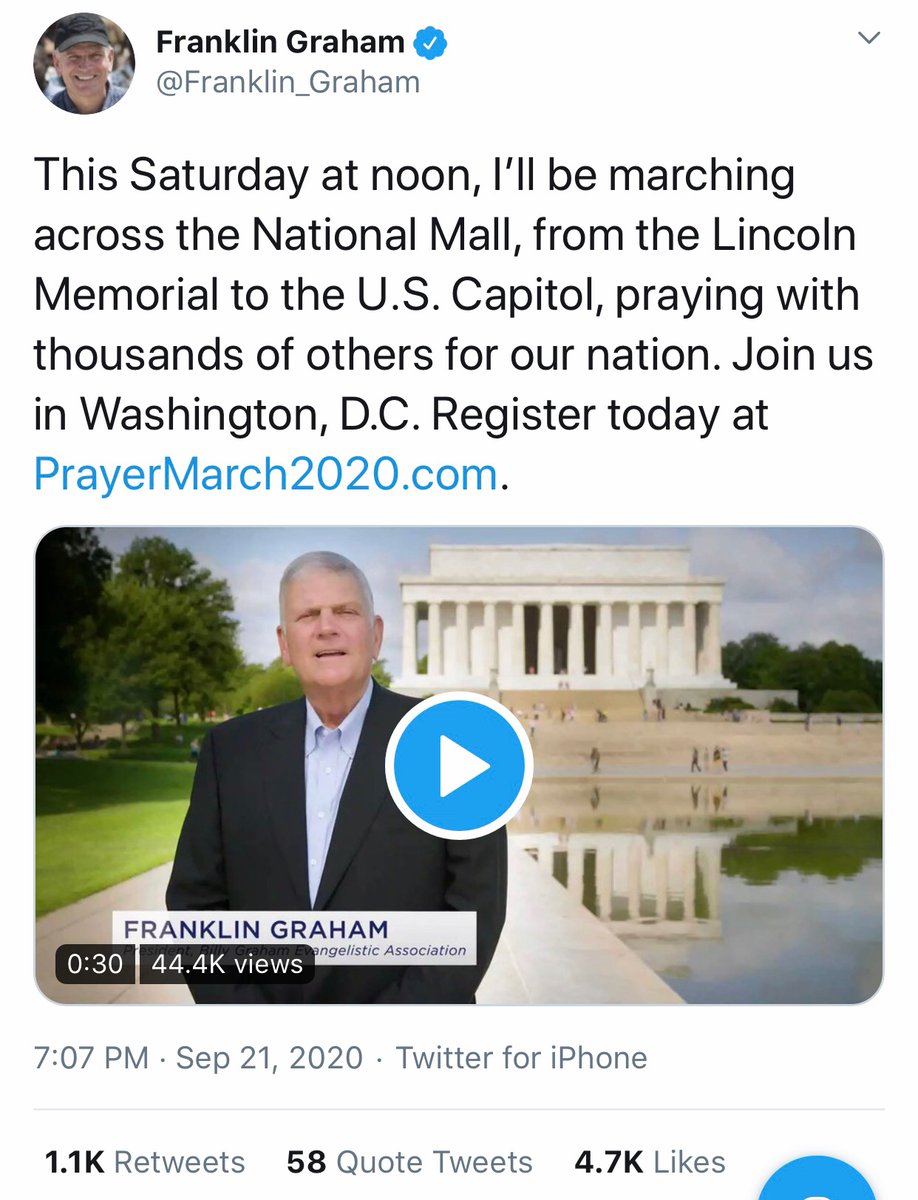 Franklin Graham makes plans for  #PrayerMarch2020 which happens on September 26th, 2020.